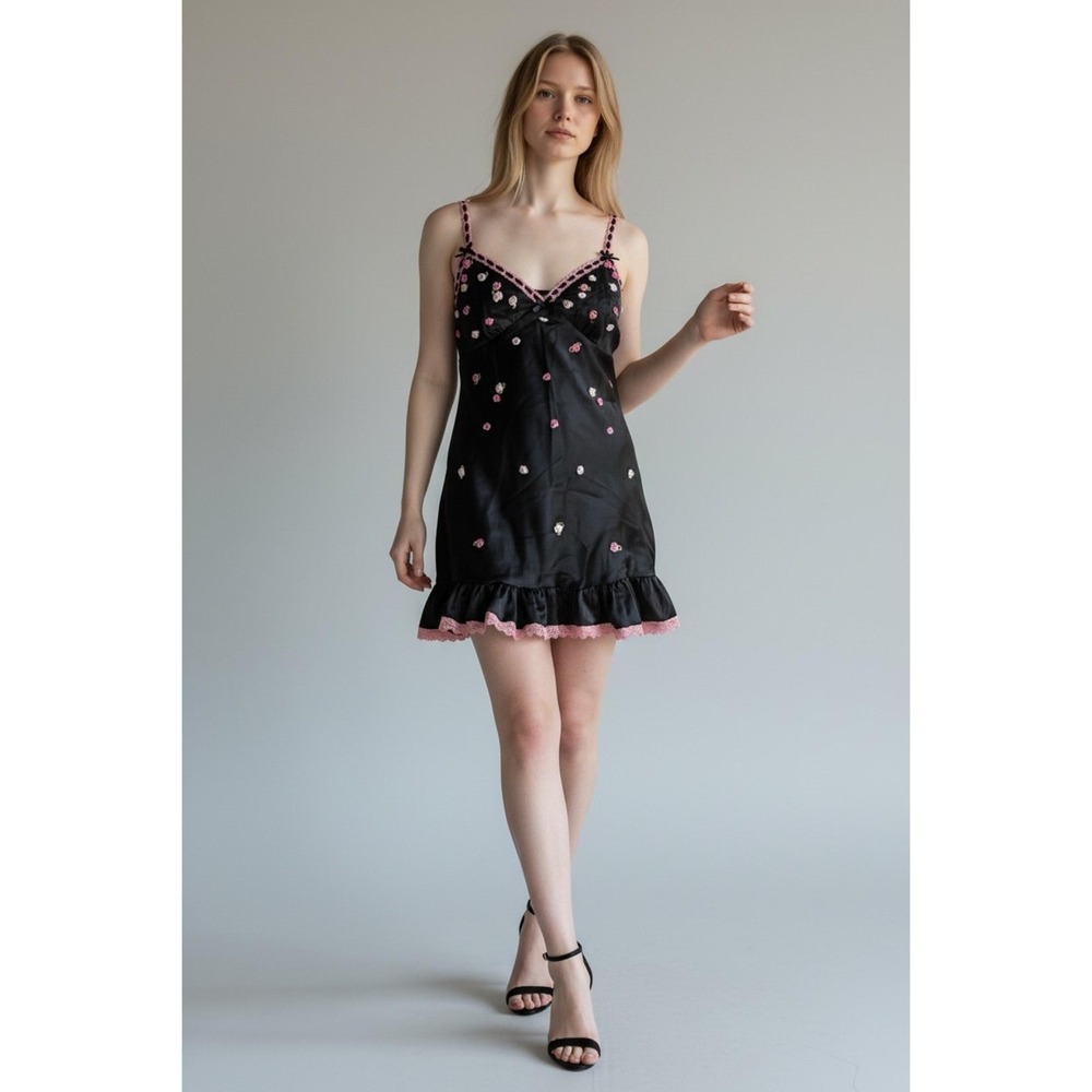 Betsey Johnson X Forever 21 Mini Slip Dress Black Pink L Rosette Ruffle Coquette